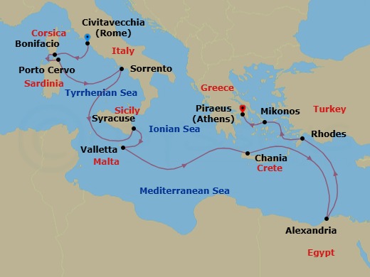 Italy, Greek Isles & The Pyramids Loyalty Departure Route Map