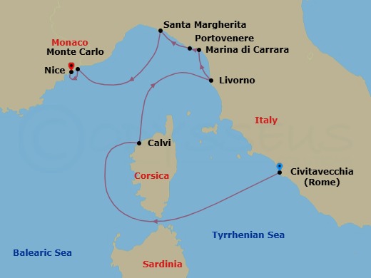 French & Italian Rivieras With Corsica Route Map