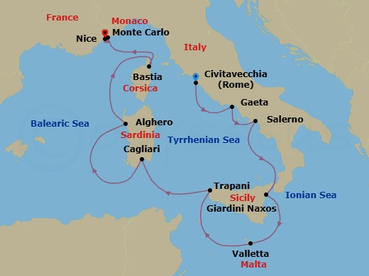 Italy's Islands, Corsica To Monaco Route Map