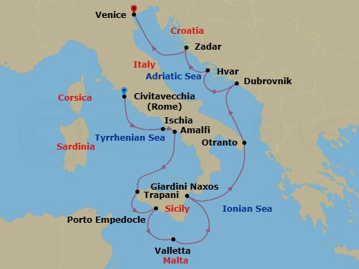Amalfi To The Adriatic: Italy, Malta & Croatia Route Map