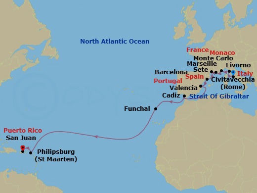 Mediterranean & Atlantic Crossing Route Map