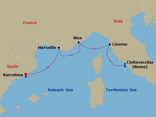 Italy, France & Spain Cruise: Rome, Nice & Barcelona Route Map