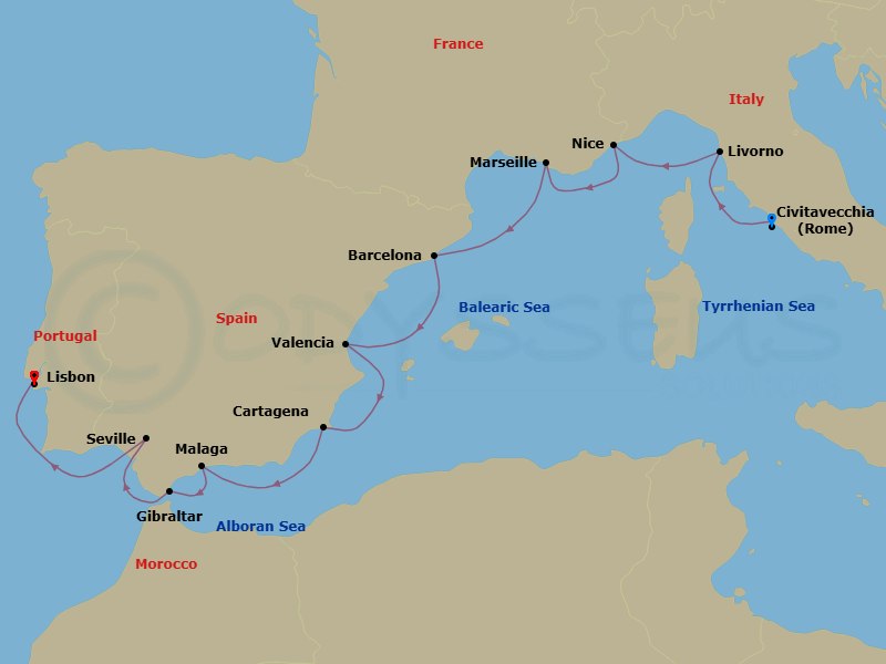 Italy, France & Spain Combination Cruise: Rome, Barcelona & Seville Route Map