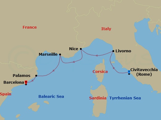 Italy, France & Spain Cruise: Rome, Nice & Barcelona Route Map
