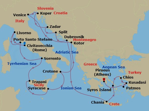 Italy, Croatia & Greece Combination Cruise: Florence, Dubrovnik & Crete Route Map