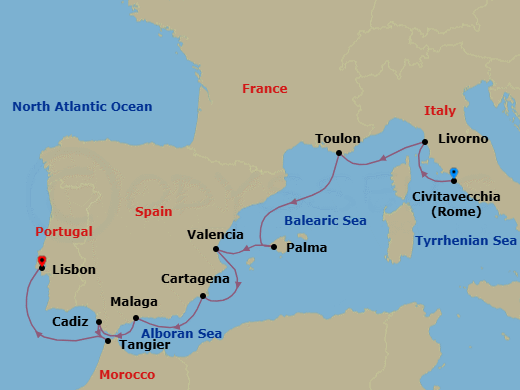 Civitavecchia To Lisbon Route Map