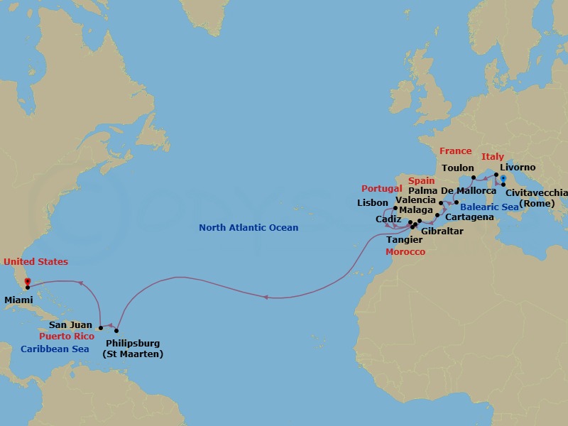 27 Night Southern Europe Voyage Route Map