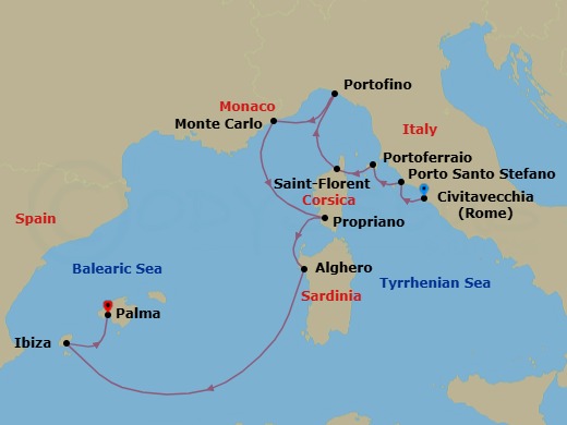 Mediterranean Highlights: The Riviera, Sardinia And Ibiza Route Map