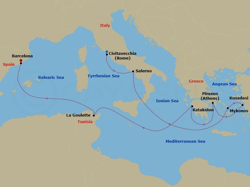 10-Day Greek Isles  Turkey & Italy Route Map