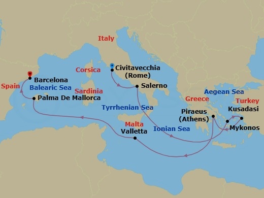 10-Day Greek Isles  Turkey & Italy Route Map