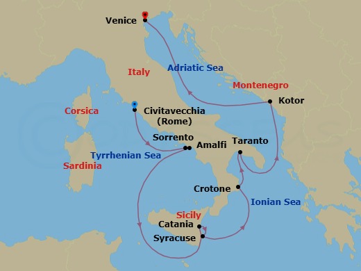 Italy Intensive Cruise: Amalfi, Siracusa & Venice Route Map