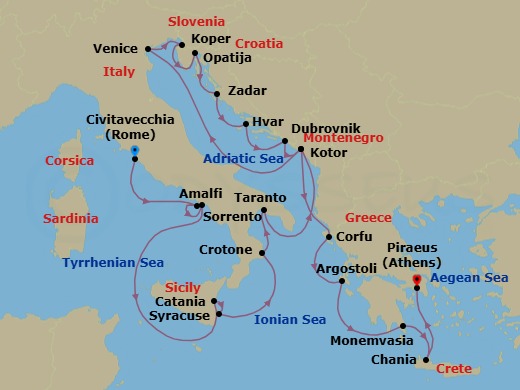 Italy, Croatia & Greece Combination Cruise: Sorrento, Dubrovnik & Athens Route Map