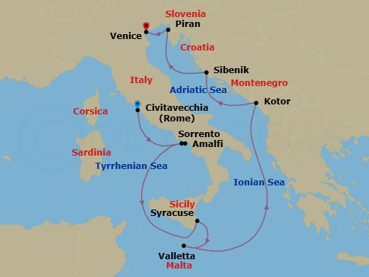 Italy, Malta & Montenegro Cruise: Amalfi, Valletta & Kotor Route Map