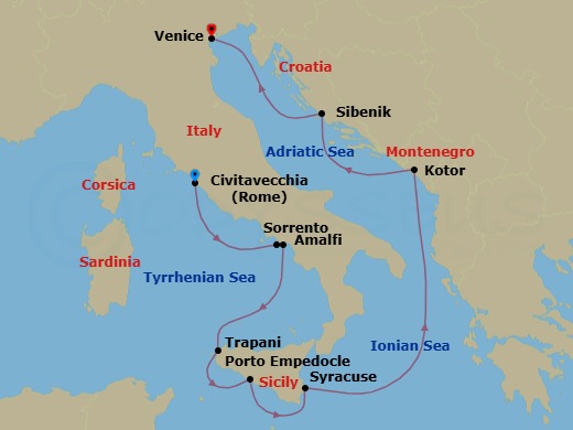 Italy Intensive Cruise: Amalfi, Siracusa & Venice Route Map