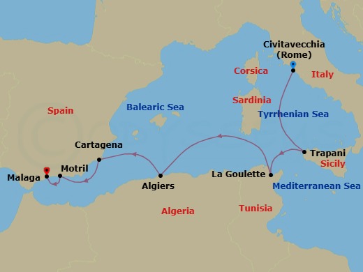 Italy, Algeria & Spain Cruise: Trapani, Algiers & Granada Route Map