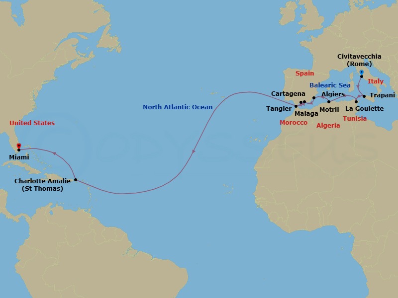 Transatlantic Combination Cruise: Rome To Miami Route Map