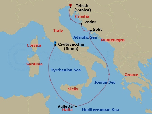 Italy, Malta And Adriatic Route Map