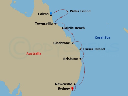 Eastern Australia Intensive Cruise: Cairns, Great Barrier Reef & Brisbane Route Map