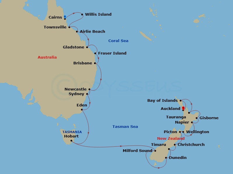 Australia & New Zealand Combination Cruise: Brisbane, Sydney & Christchurch Route Map
