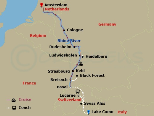 Romantic Rhine With Swiss Alps, 3 Nights In Lake Como & 1 Night In Lucerne (Northbound) Route Map