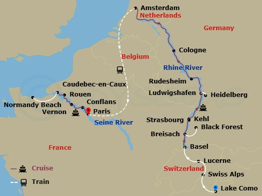 Timeless Rivers Of Europe: The Rhine And Seine With Swiss Alps, 3 Nights In Lake Como & 1 Night In Lucerne Route Map