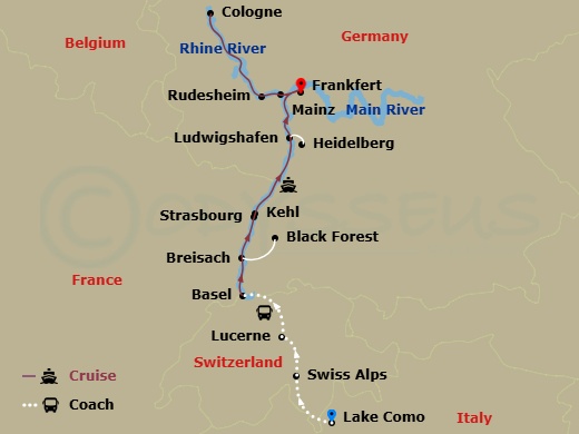 Christmastime On The Romantic Rhine With 3 Nights In Lake Como, 1 Night In Lucerne With Swiss Alps (Northbound) Route Map