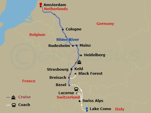 Christmastime On Romantic Rhine With Swiss Alps, 3 Nights In Lake Como & 1 Night In Lucerne (Northbound) Route Map