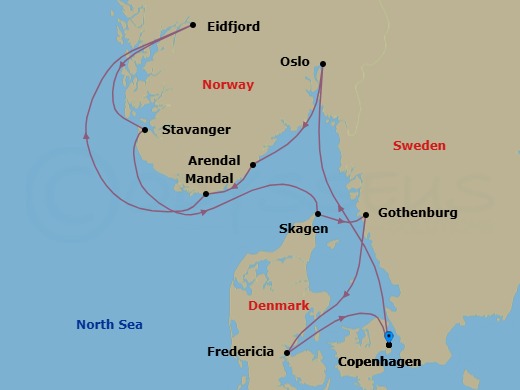 Norway, Denmark & Sweden Cruise: Oslo, Gothenburg & Copenhagen Route Map