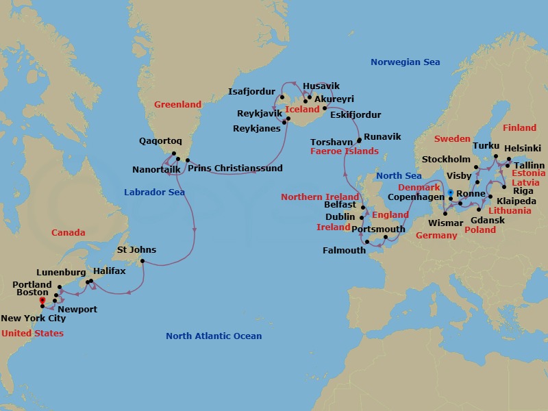 Copenhagen To New York Transatlantic Grand Voyage Route Map