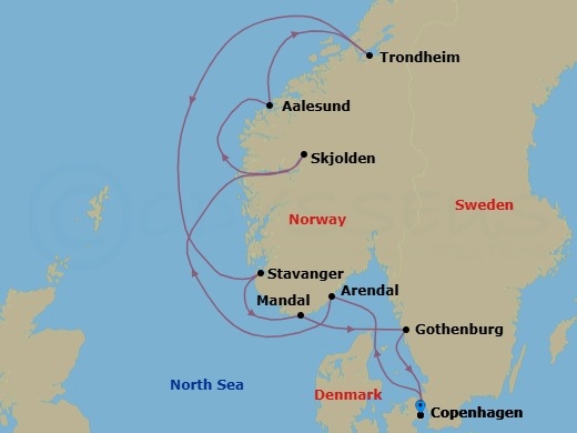 Denmark, Norway & Sweden Cruise: Copenhagen, Trondheim & Gothenburg Route Map