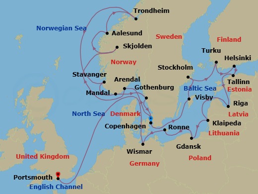 Denmark, Norway & Sweden Combination Cruise: Copenhagen, Trondheim & Stockholm Route Map