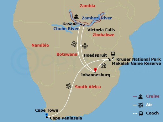 Splendors Of South Africa & Victoria Falls With Chobe River Cruise Route Map