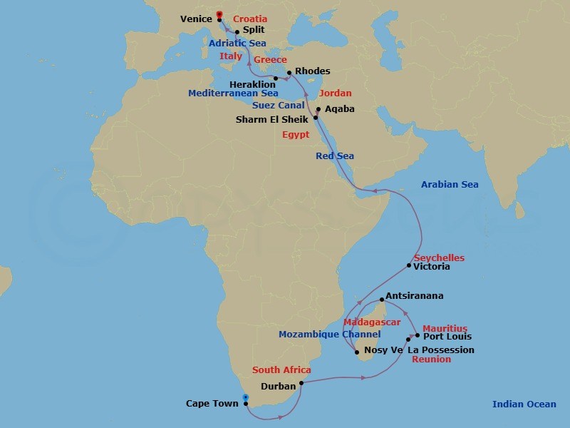 MSC Grand Voyages, 29 Nights Route Map