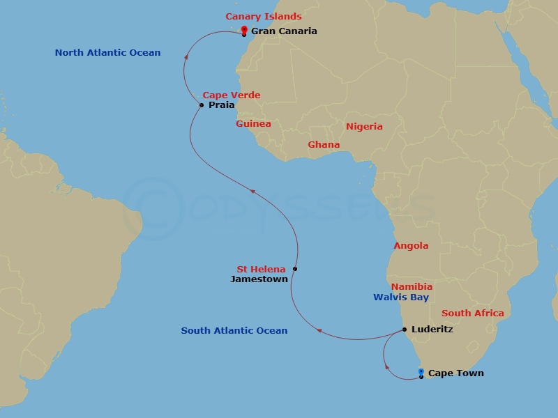South Africa, Namibia & St. Helena Cruise: Cape Town, Walvis Bay & Jamestown Route Map