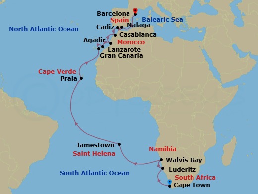 Namibia, Spain & Morocco Combination Cruise: Walvis Bay, Gran Canaria & Casablanca Route Map