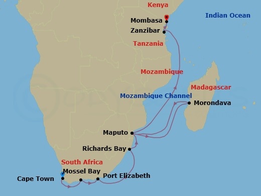 Cape Currents & Safari Shores: Tanzania, Mozambique & South Africa Route Map