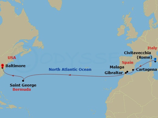 Carnival Journeys - 15 Day Transatlantic Route Map