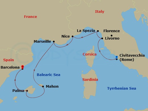 Italy & Spain Cruise: Florence, Marseille & Barcelona Route Map