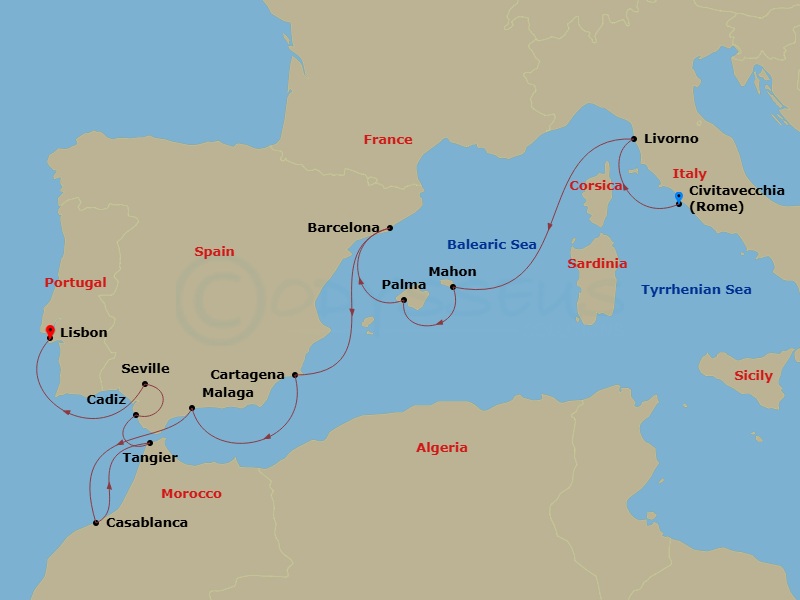 Mediterranean & Iberian Combination Cruise: Florence, Malaga & Seville Route Map