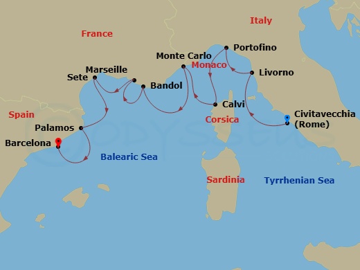 Mediterranean Rivieras: Rome To Barcelona Route Map