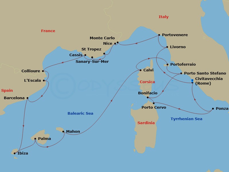Ultimate Italy, French Riviera & The Mediterranean Islands Route Map