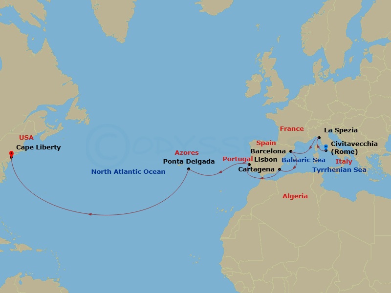 14 Night Spain & Portugal Transatlantic Route Map
