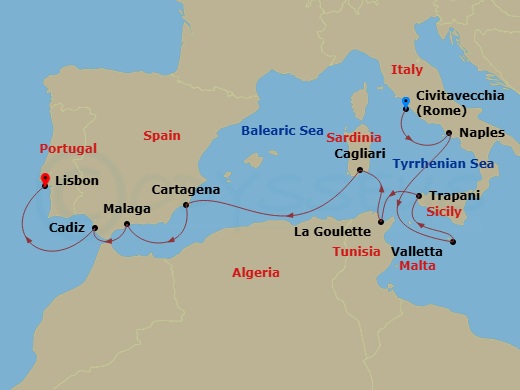 Civitavecchia To Lisbon Route Map