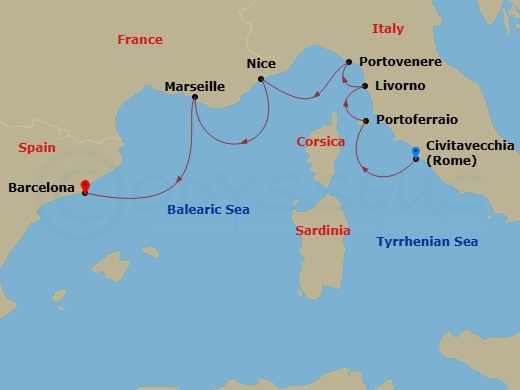 Italy, France & Spain Cruise: Florence, Nice & Barcelona Route Map