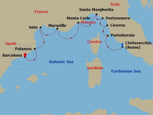 Italy, France & Spain Cruise: Florence, Marseille & Barcelona Route Map