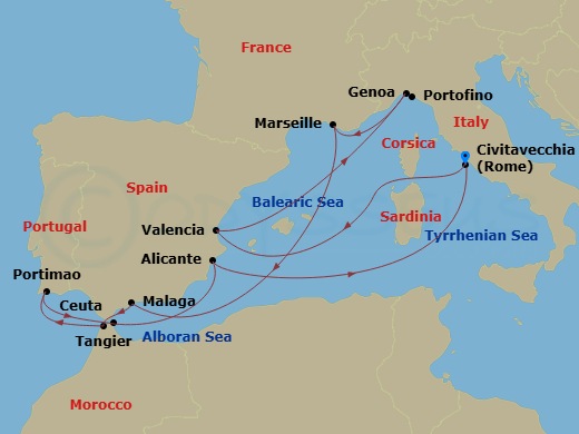 Mediterranean, 13 Nights Route Map