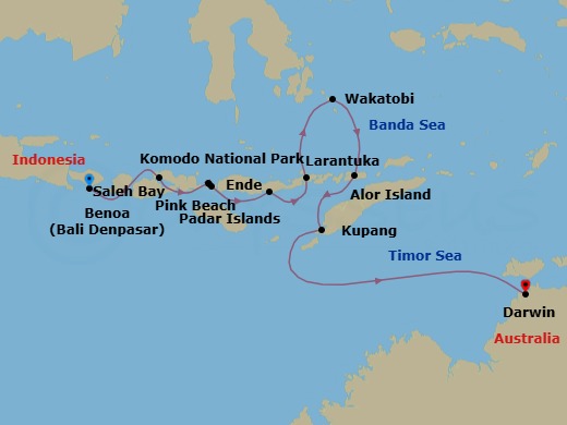 Komodo Island & The Coral Sea: Bali To Darwin Route Map