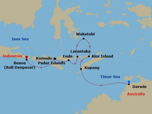 Komodo Island & The Coral Sea: Darwin To Bali Route Map