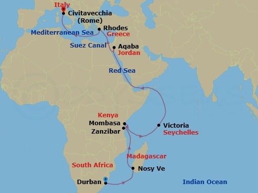 MSC Grand Voyages, 25 Nights Route Map