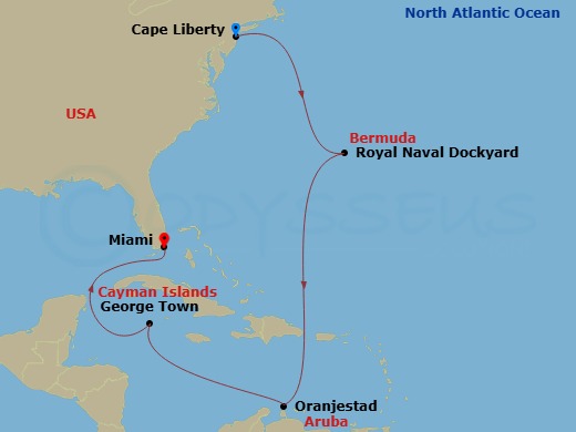 9 Night Cape Liberty To Miami Cruise Route Map